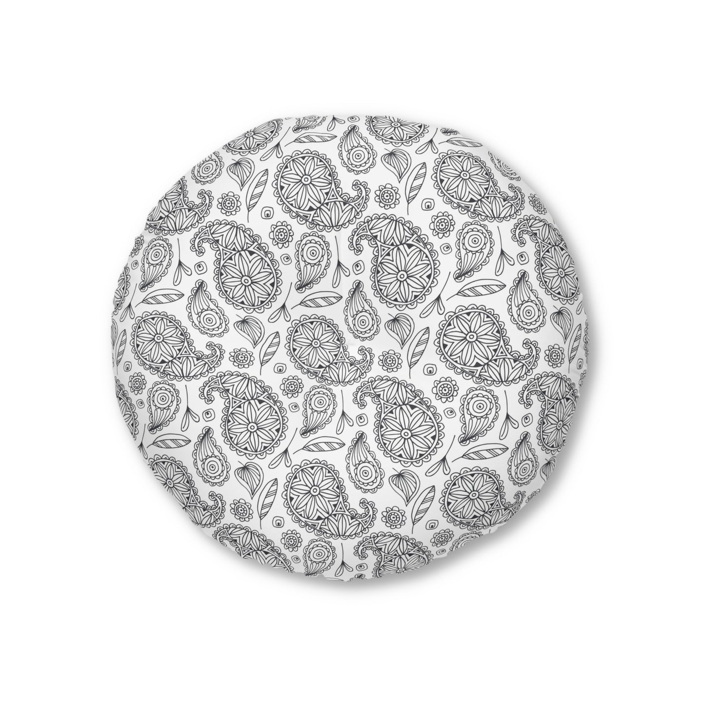 B/W Paisley Pattern Tufted Floor Pillow, Round