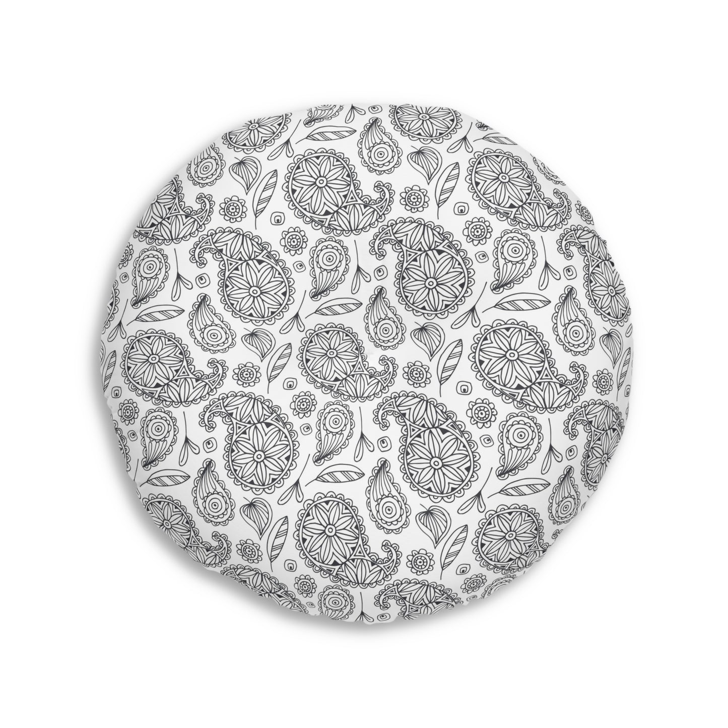 B/W Paisley Pattern Tufted Floor Pillow, Round