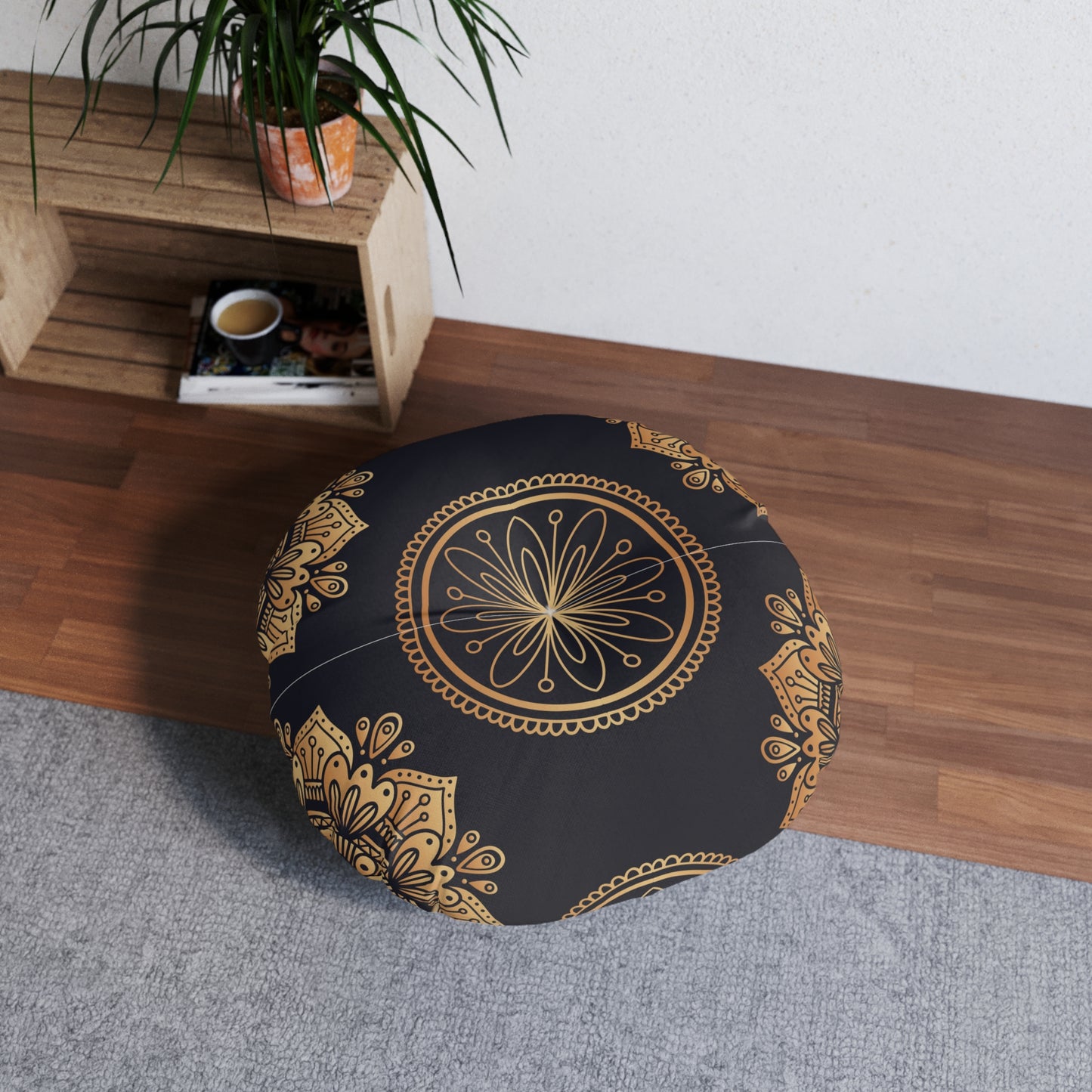 "Black Gold" MandalaTufted Floor Pillow, Round