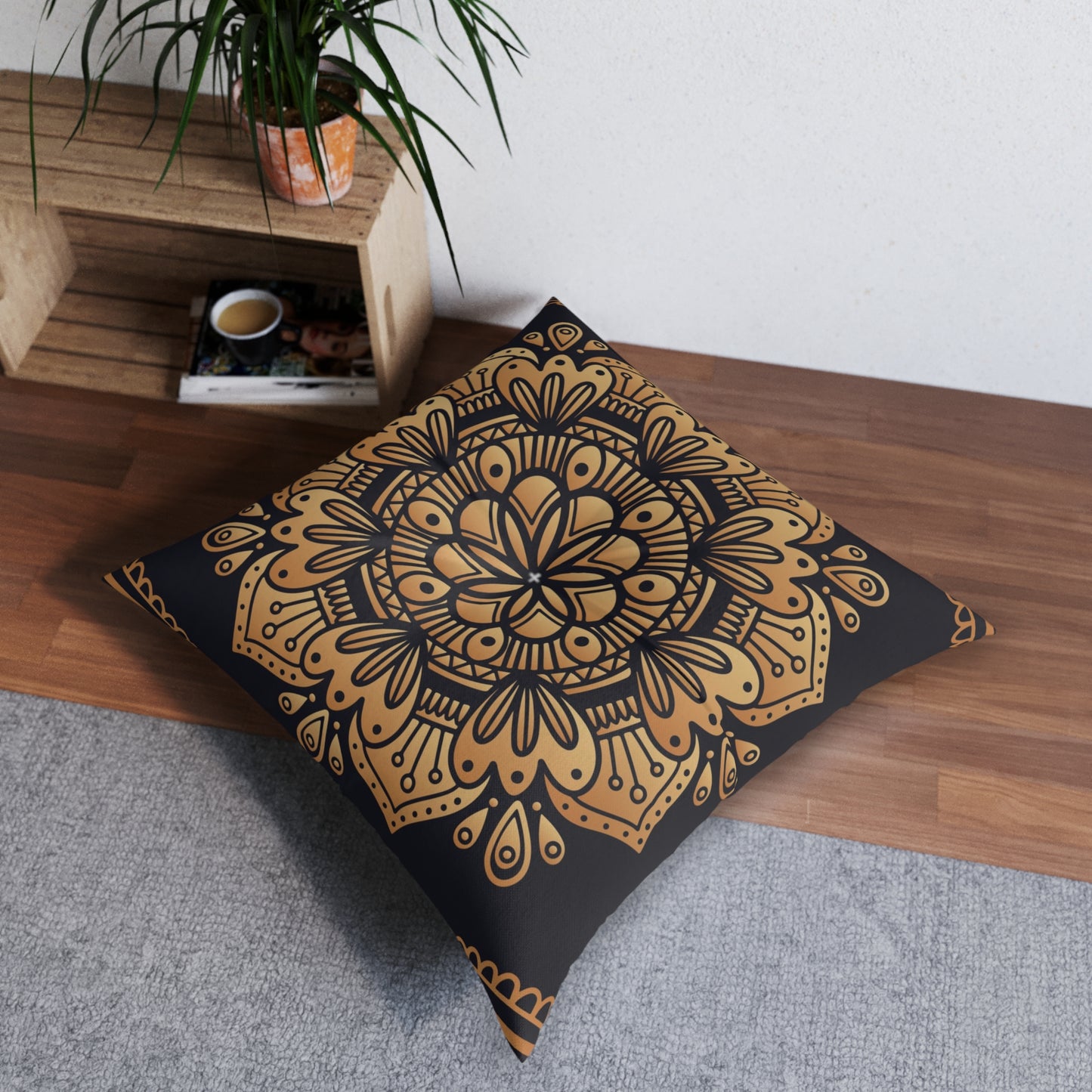 'Black Gold' Tufted Floor Pillow, Square