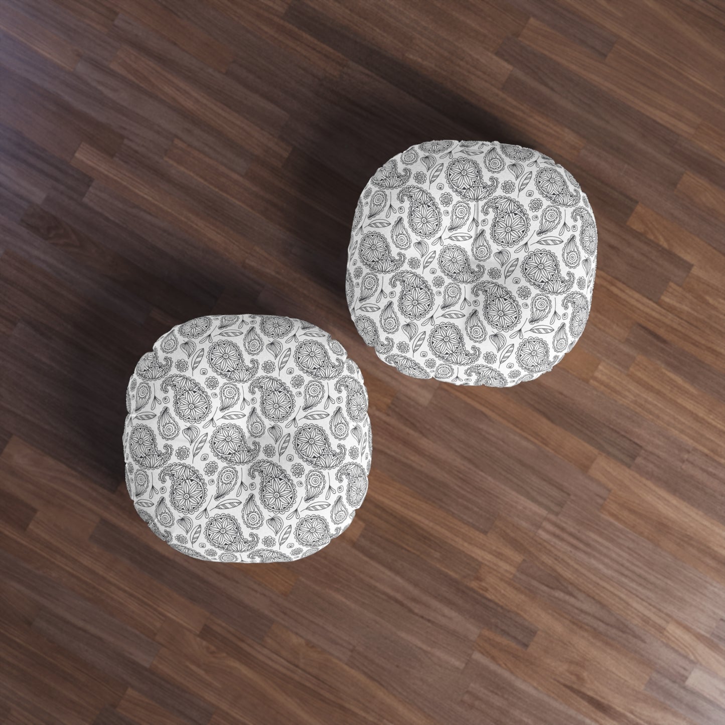 B/W Paisley Pattern Tufted Floor Pillow, Round