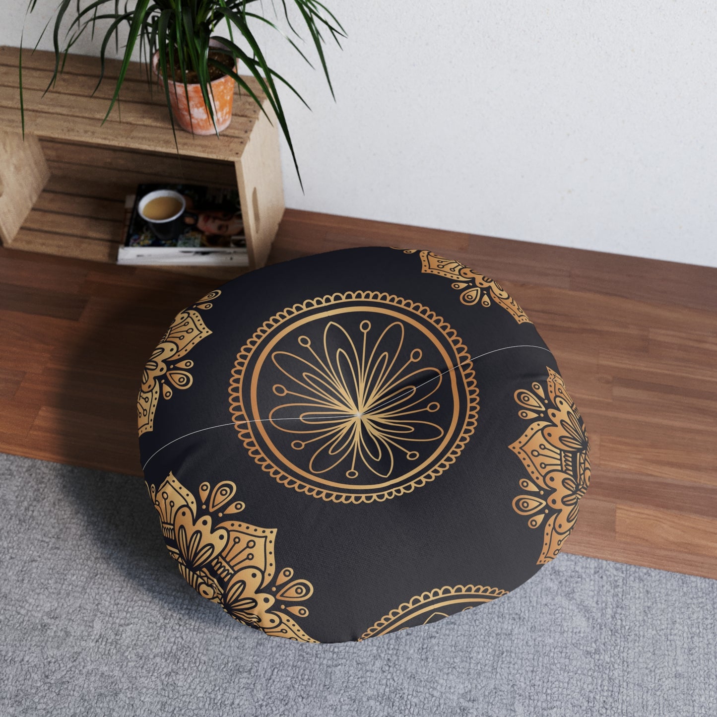 "Black Gold" MandalaTufted Floor Pillow, Round