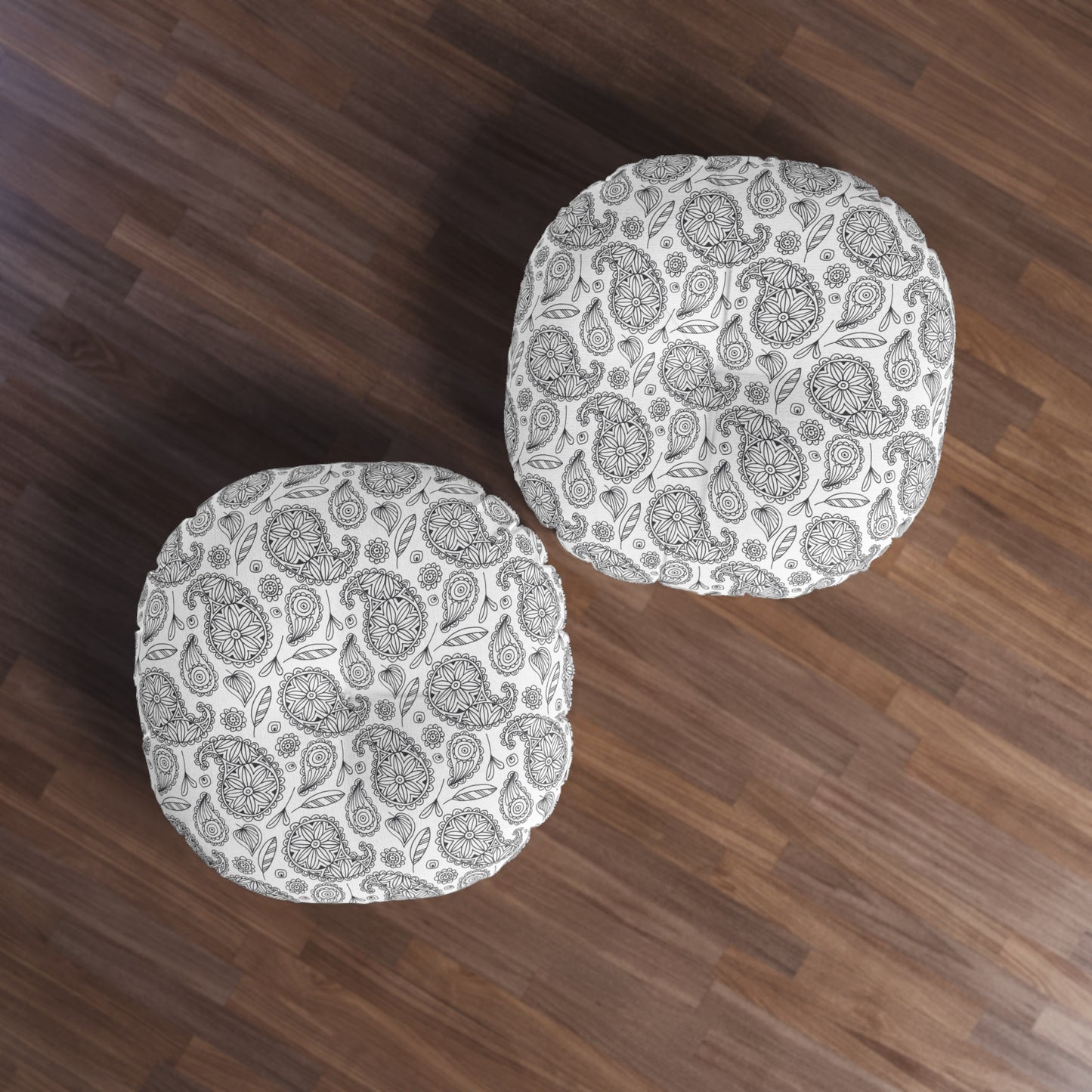 B/W Paisley Pattern Tufted Floor Pillow, Round