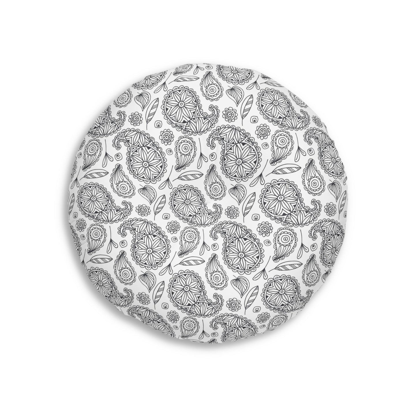 B/W Paisley Pattern Tufted Floor Pillow, Round