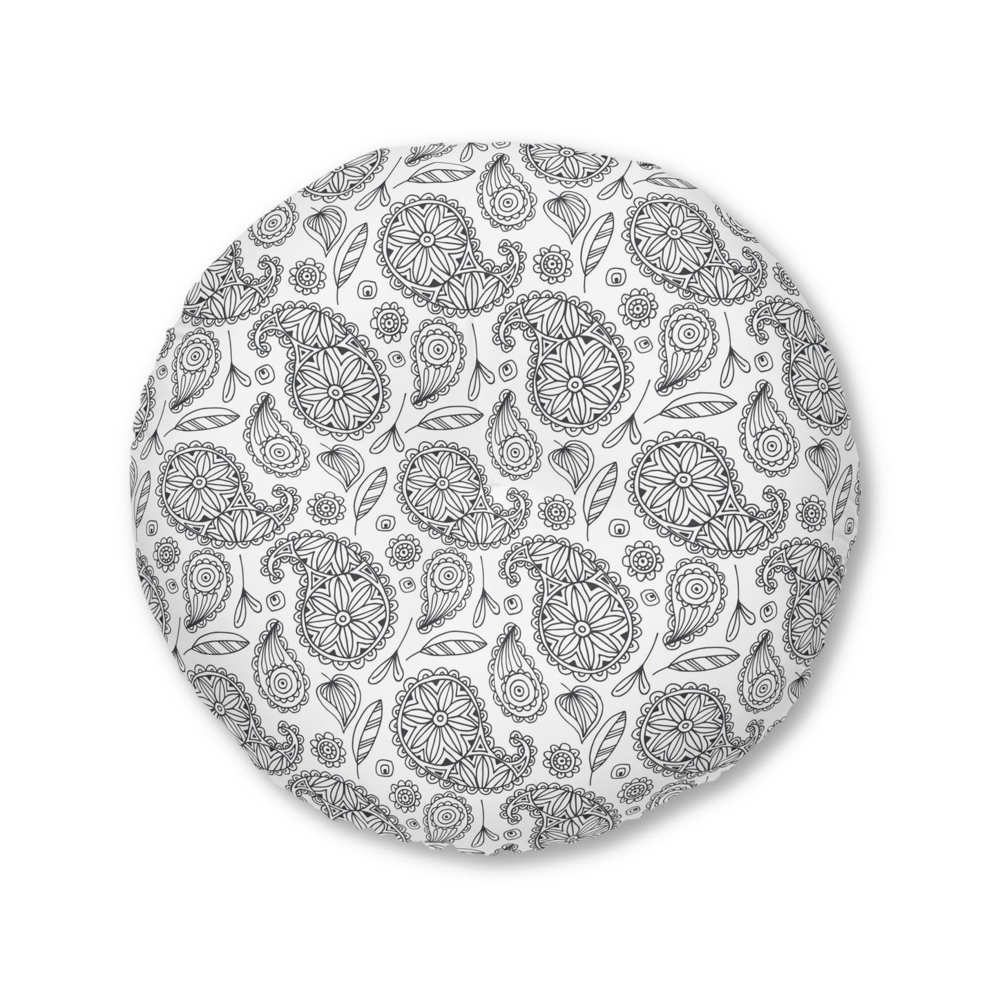 B/W Paisley Pattern Tufted Floor Pillow, Round
